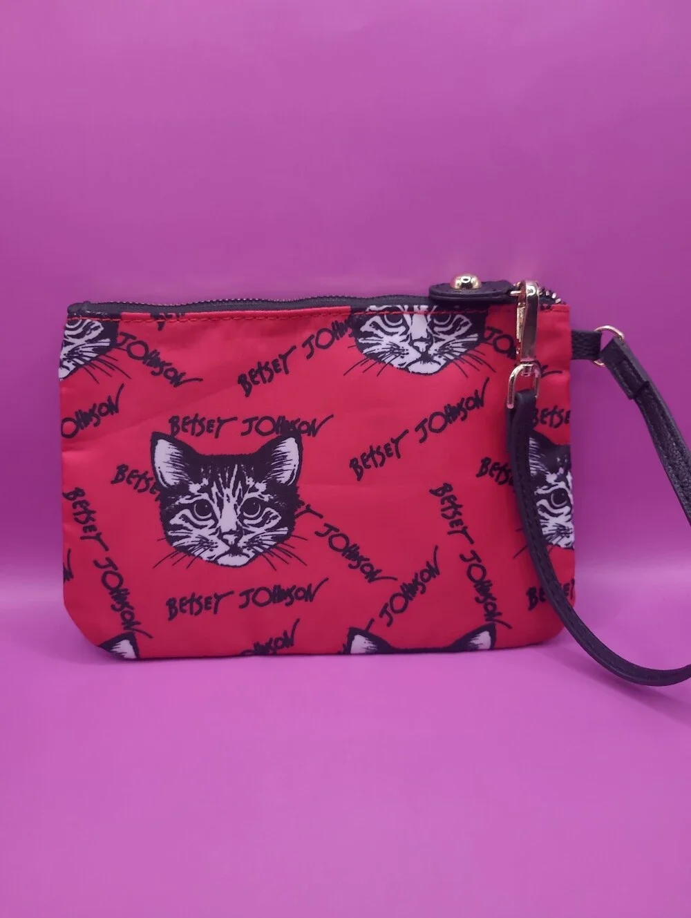 Betsey‎ Johnson Red Cat Print Wristlet with Black Strap